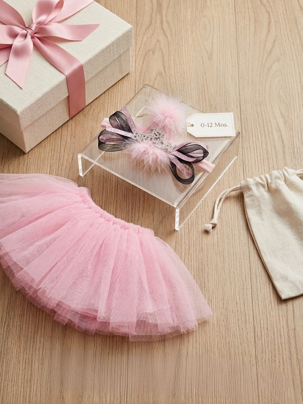 Koala Kids Pink Tulle Tutu with Feathered Bow Headband 1st birthday